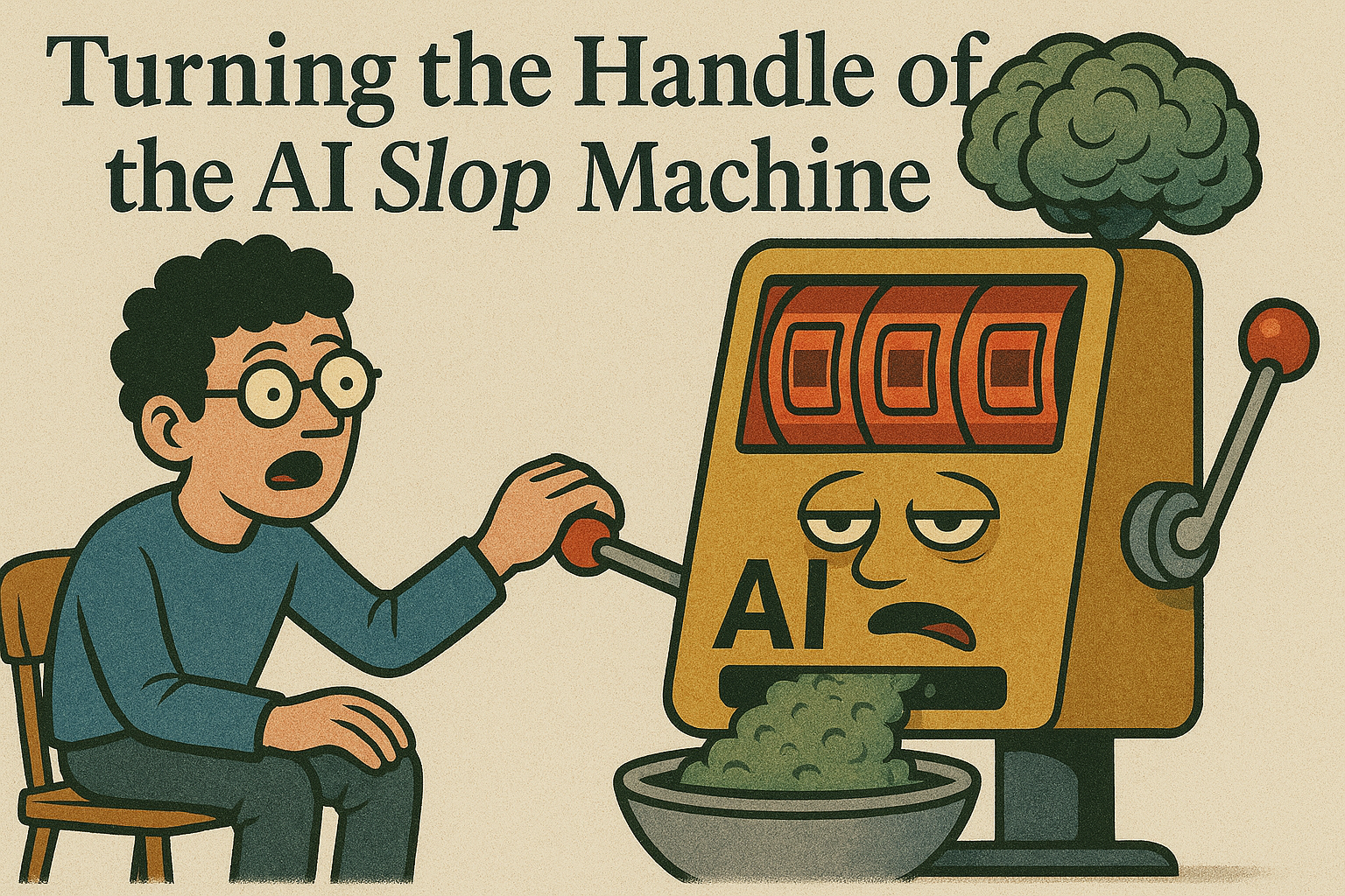 Cartoon creature turns the handle of an "AI Slop Machine" as brown goo pours out, in a satirical editorial illustration.